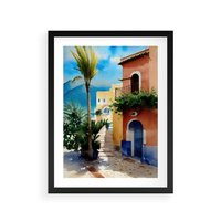 Plakat w ramie 30x40 - Spokój Miasta nad Morzem - akwarela, sródziemnomorski klimat - rama czarna