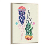 Obraz w ramie 80x120 - Morskie Pulsacje - nowoczesny optymistyczny plakat, kolorowe meduzy - rama drewno