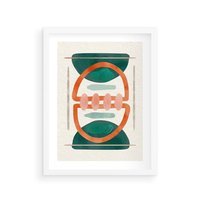 Plakat w ramie 50x70 - Oryginalny obraz abstrakcyjny w nowoczesnym stylu. Geometryczne akwarelowe kształty w intensywnych odcieniach zieleni i pomarańczu. Doskonała dekoracja dla miłośników sztuki. - abstrakcyjny obraz, sztuka nowoczesna - rama biała