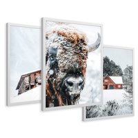 Zestaw obrazy w ramie 40x50 galeria - Zima, bizon, góry, śnieg - rama biała