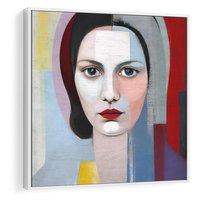 Obraz w ramie 50x50 - Kolorowe Granice Form - abstrakcyjny obraz olejny, portret twarzy kobiety - rama biała
