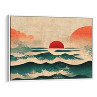 Obraz w ramie 70x50 - Czerwone Melodie - japońska sztuka, zachód słońca nad oceanem - rama biała