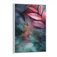 Obraz w ramie 80x120 - Subtelne Zielone - pastelowe zielone liście, róż - rama biała