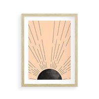 Plakat w ramie 30x40 - Migocące Kształty Promieni - boho czarne słońce, nowoczesna grafika - rama drewno