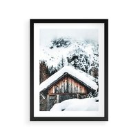 Plakat w ramie 40x50 - Domek w Górach w Białym Odcieniu - zima, domek w górach - rama czarna