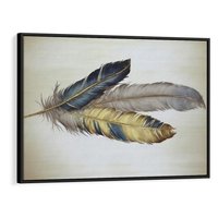 Obraz w ramie 100x70 - Granatowo-Złote Pióra - sztuka, granatowe i złote pióra - rama czarna