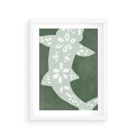 Plakat w ramie 50x70 - Migotliwe Wibracje Zieleni - zielony plakat, abstrakcja przypominająca rybę - rama biała