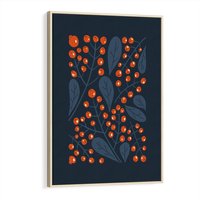 Obraz w ramie 50x70 - Symfonia liści i owoców - granatowe tło, pomarańczowe owoce jarzębiny - rama drewno