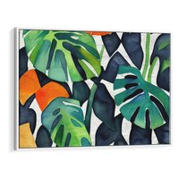 Obraz w ramie 70x50 - Tropikalne Pragnienia - akwarela, liście tropikalne - rama biała