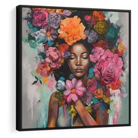 Obraz w ramie 50x50 - Z Głową w Kwiatach - obraz olejny, sztuka nowoczesna - rama czarna