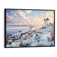 Obraz w ramie 70x50 - Biel ponad Błękitem - Santorini, białe budynki - rama czarna