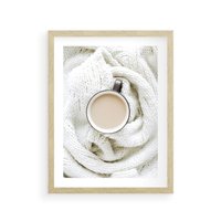 Plakat w ramie 50x70 - Kawa na Wełnianym Kocu - kawa, biały wełniany koc - rama drewno