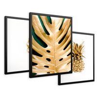 Zestaw obrazy w ramie 50x70 galeria - Złoty, ananas, monstera, gold - rama czarna