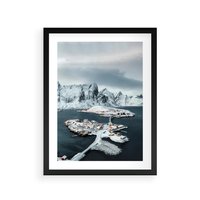 Plakat w ramie 30x40 - Ciepło i Urok Północy - skandynawskie, domki - rama czarna