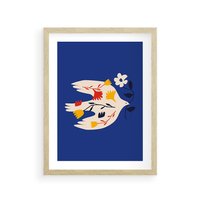 Plakat w ramie 50x70 - Bezczasowy Szept - niebieskie tło, abstrakcyjny biały ptak - rama drewno