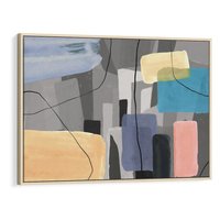 Obraz w ramie 70x50 - Harmonia w chaosie serca - abstrakcja na szarym tle, kolorowe plamy koloru - rama drewno