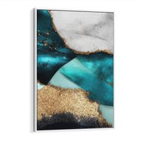 Obraz w ramie 50x70 - Rozlane Turkusy - Turkusowe plamy, złote elementy - rama biała