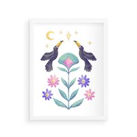 Plakat w ramie 40x50 - Przenikająca Dżungla - boho plakat, tukany - rama biała