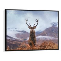 Obraz w ramie 100x70 - Jeleń w Uśpionym Krajobrazie - jeleń na tle gór, ośnieżone góry - rama czarna
