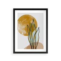 Plakat w ramie 30x40 - Światło Natury: Graficzne Liście i Złote Słońce - grafika, graficzne liście - rama czarna