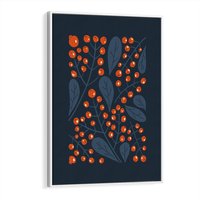Obraz w ramie 50x70 - Symfonia liści i owoców - granatowe tło, pomarańczowe owoce jarzębiny - rama biała