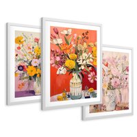 Zestaw obrazy w ramie 40x50 galeria - kwiaty, wazon, akwarela, pastele - rama biała