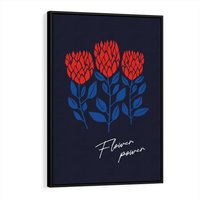 Obraz w ramie 50x70 - Podróżne Barwy - czerwone abstrakcyjne kwiaty, granatowe tło - rama czarna