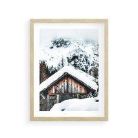 Plakat w ramie 40x50 - Domek w Górach w Białym Odcieniu - zima, domek w górach - rama drewno
