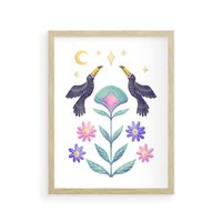 Plakat w ramie 30x40 - Przenikająca Dżungla - boho plakat, tukany - rama drewno