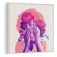 Obraz w ramie 50x50 - Kwiaty we Włosach - różowa postać, grafika - rama biała