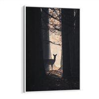 Obraz w ramie 80x120 - Sarnie Skoki - zdjęcie, klimatyczny las - rama biała