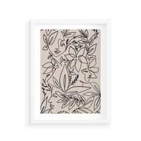 Plakat w ramie 40x50 - Kobiecy Portret Duszy - beżowe tło, czarny szkic nowoczesnych kwiatów - rama biała