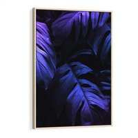 Obraz w ramie 80x120 - Mroczna Magia Dżungli - mroczna grafika, fioletowe liście monstery na czarnym tle - rama drewno