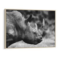 Obraz w ramie 70x50 - Potęga Afryki - czarno biała fotografia, zbliżenie na postać nosorożca - rama drewno