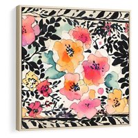 Obraz w ramie 50x50 - Opowieść w kroplach farb - akwarelowe kwiaty, mocna ornamentowa czarna ramka namalowana dookoła obrazu - rama drewno