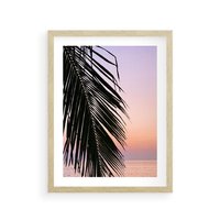 Plakat w ramie 50x70 - Liście Palmy nad Morzem - zachód słońca, liście palmy na tle nieba i morza - rama drewno