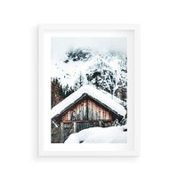 Plakat w ramie 40x50 - Domek w Górach w Białym Odcieniu - zima, domek w górach - rama biała