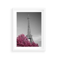 Plakat w ramie 50x70 - Różowy Paryż - czarno białe zdjęcie, wieża eiffla - rama biała