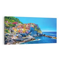 Obraz na płótnie 120x60 - Barwne Wybrzeże - nadmorskie miasto na klifie, kolorowe tęczowe budynki