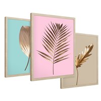 Zestaw obrazy w ramie 50x70 galeria - Złote, liście, palma, pastelowe, gold - rama drewno
