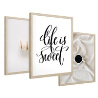 Zestaw obrazy w ramie 50x70 galeria - Makaroniki, kawa, typografia, napisy - rama drewno