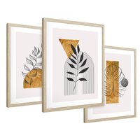 Zestaw obrazy w ramie 50x70 galeria - Złoto, liście, geometria - rama drewno