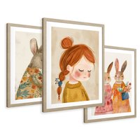 Zestaw obrazy w ramie 50x70 galeria - dla, dzieci, króliki, dziewczynka - rama drewno