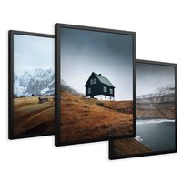 Zestaw obrazy w ramie 50x70 galeria - Skandynawski, domki, góry, widok - rama czarna