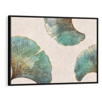 Obraz w ramie 100x70 - Złota Melodia Liści - złote, turkusowe liście miłorzębu - rama czarna