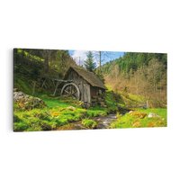 Obraz na płótnie 120x60 - Urok górskiego domku nad strumykiem - domek, góry