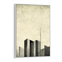 Obraz w ramie 80x120 - Mroczne Wieżowce - postarzana grafika, perspektywa budynków wieżowców - rama biała