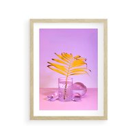 Plakat w ramie 40x50 - Neonowy Liść Palmy na Fotografii - neonowa fotografia, liść palmy w szklance - rama drewno
