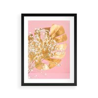 Plakat w ramie 30x40 - : Elegancja w Złocie - złote, liście - rama czarna