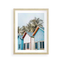 Plakat w ramie 50x70 - Rajskie Wakacje - domki na plaży, błękitne domki - rama drewno